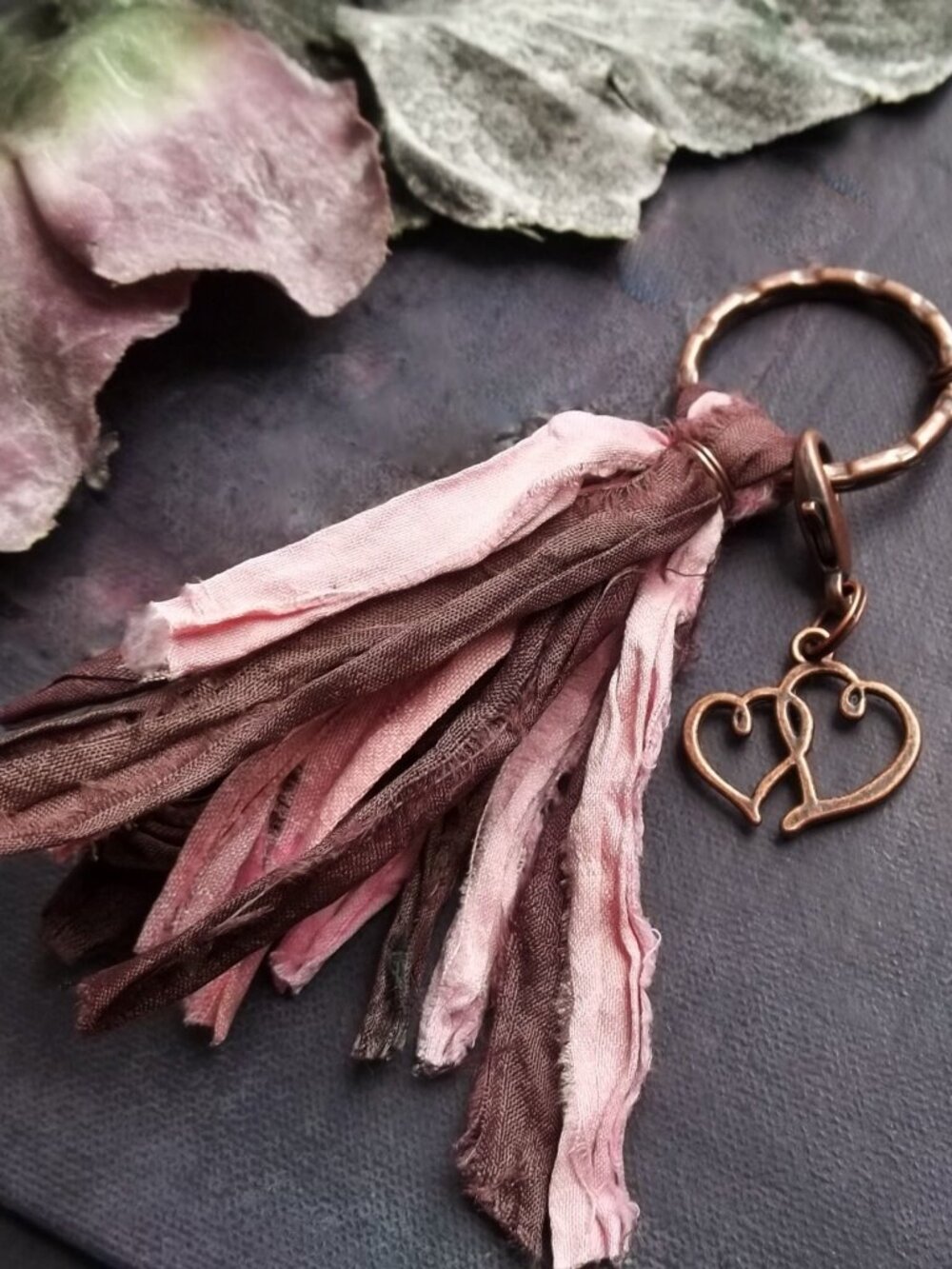 Handmade Boho Sari Silk Tassel Keychain Recycled Fabric Bag Charm Hearts